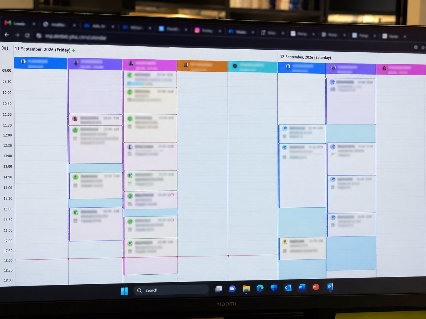 Larnaca dental clinic booking calendar full of patient appointments, names blurred