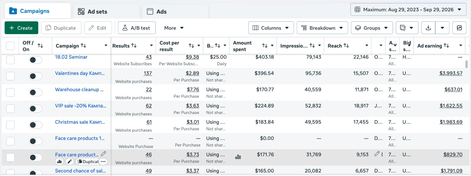 Salon Pro Lithuania — Facebook Ads Manager campaigns Salon Pro Lithuania Facebook Ads Manager campaigns: spend, purchases and ad earnings