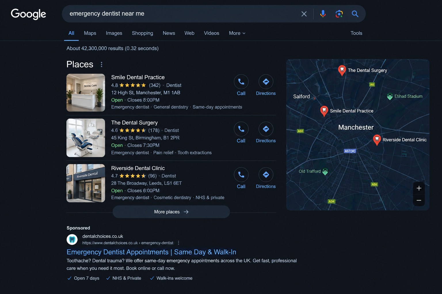 Google UK search for “emergency dentist near me” — local pack, map pins and a sponsored ad Google UK search results for “emergency dentist near me” showing three dental clinics in the local pack, a Manchester area map with three pins, and a sponsored emergency dentist advert below